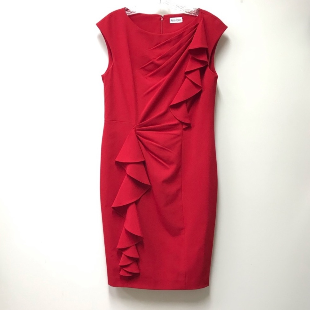 MARVIN RICHARDS DRESS SIZE 6 PETITE RED DRAPEY RUFFLES COCKTAIL PARTY SLEEVE…